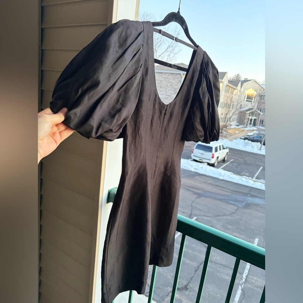 🆕 FRAME Noir Puff Sleeve Mini Dress S/P Black Viscose Linen Blend Party Office - Picture 6 of 17